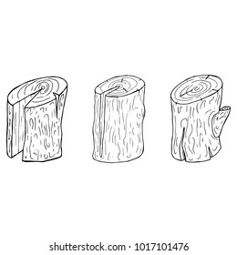 Set of wooden logs. Vector illustration of a wooden stump. Wood texture. Block of wood with the cut twig isolated on white background.