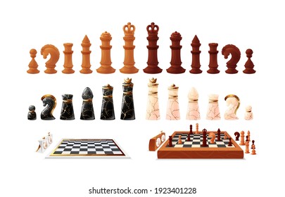 Set of wooden and marble chess game pieces and figures on chess board. Chessboard with figures and clock. Board game, tactical logic sports game, chess tournament, hobby vector on white background