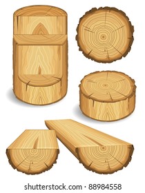 Set of wooden materials – Wood, Boards, Logs, and Objects with cross section of tree trunk. Vector illustration isolated on white background.