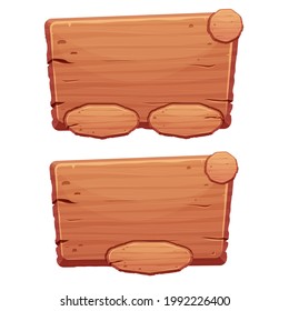 Set of wooden menu button, ui game asset in cartoon style isolated on white background. Empty plank for choice, question. Bright detailed and textured board. Vector illustration