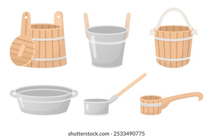 Conjunto de buquetes de madeira e metal, bacias, ladle ilustração estilo plana. Sauna, casa de banho, fazenda, objetos de cozinha, elementos de design isolados no branco.