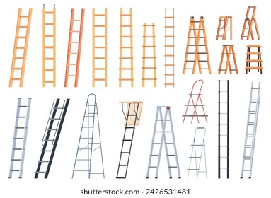 A set of wooden and metal ladders. Climbing to a height. Construction and household ladders. Vector illustration