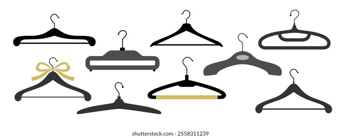 Set of wooden, metal, plastic hangers for clothes. Hooks hangers of various shapes for logo of store of branded women's, men's, children's clothing in monochrome black and gray.