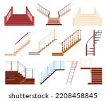 A set of wooden and metal stairs in the interior of the house. Ascent to the upper floor. Vector illustration