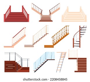 A set of wooden and metal stairs in the interior of the house. Ascent to the upper floor. Vector illustration