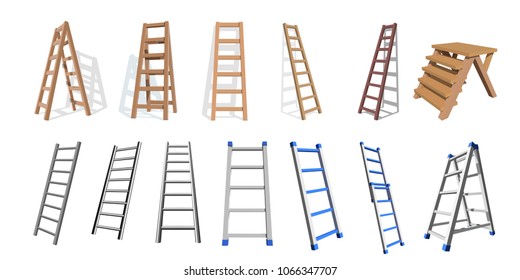 Set wooden   metall stairs  Wooden  metall  staircase white background  Vector ladders illustratio