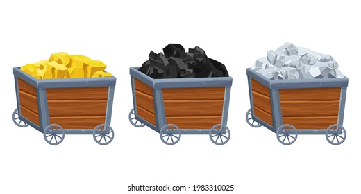 Set wooden mine cart with silver, gold and coal ore, minerals in cartoon style isolated on white background. Trolley, retro container. Ui asset. 