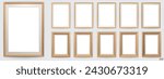 Set of wooden modern frame isolated on white background. Realistic rectangle frames mockup. Classic Photo wooden frame. Wood borders set for painting, poster, photo gallery. 3d vector illustration.