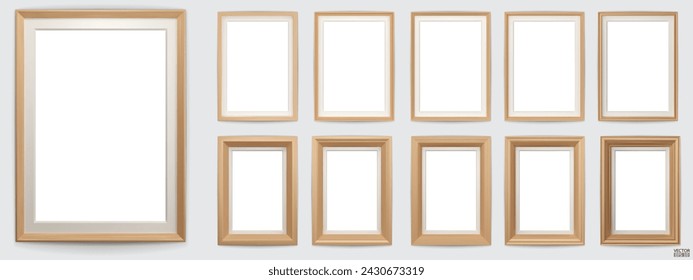 Set of wooden modern frame isolated on white background. Realistic rectangle frames mockup. Classic Photo wooden frame. Wood borders set for painting, poster, photo gallery. 3d vector illustration.