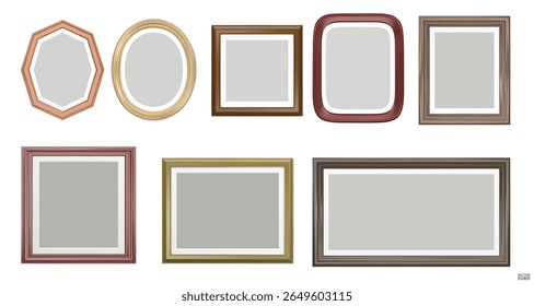 Set of wooden modern frame isolated on white background. Realistic rectangle, circle, oval Photo wood frames mockup. Classic Borders set for painting, photo gallery. 3d vector illustration.