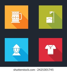 Set Wooden mug, Executioner axe in tree block, Medieval iron helmet and Body armor icon. Vector