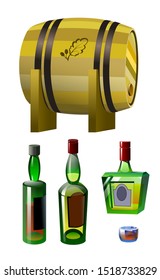 set of wooden oak barrel, glass and green bottles of whiskey, color vector stock illustration isolated on white background	in clip art style