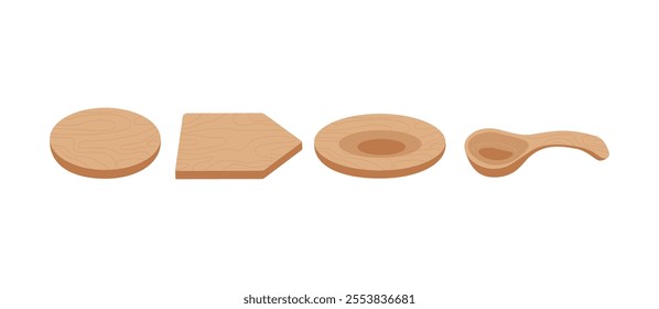 Set of wooden objects, boards, spoon, plate. Wooden utensils. Wood texture material. Presentation podium. Mockup, stand for cosmetic products. Vector graphics, background isolated.
