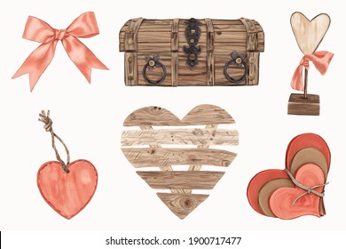 Set of wooden objects in the shape of heart