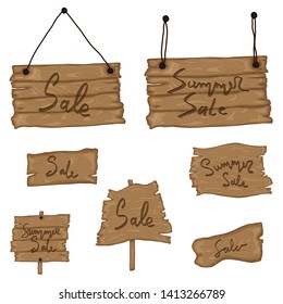 set wooden old sign in retro cartoon style isolated on white background. Beach party, sales, hello summer.
