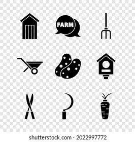 Set Wooden outdoor toilet, Speech bubble with Farm, Garden pitchfork, Gardening handmade scissors, Sickle, Carrot, Wheelbarrow and Potato icon. Vector