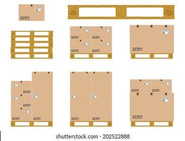 A set of wooden pallet with cardboard boxes on a white background. Vector 