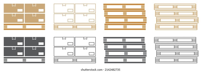 Conjunto de iconos de palet de madera y cajas de cartón. Pallet con una gran pila de cajas de cartón, almacenamiento y transporte. Mercancías en almacén, caja de paquetes en un pallet. Vector de entrega.