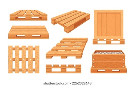 Conjunto de equipos de servicio de carga, entrega y almacenamiento de paletas de madera. Trayectorias de madera en diferentes posiciones para transportar carga y facilitar la entrega y la carga. Ilustración del vector de dibujos animados