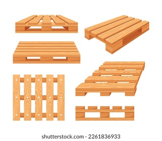 Conjunto de paletas de madera frontal, superior, vista angular. Equipo De Almacén Para La Carga Y El Transporte De Mercancías. Artículos de servicio de almacenamiento o entrega aislados en fondo blanco. Ilustración del vector de dibujos animados