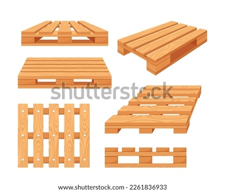 Set of Wooden Pallets Front, Top, Angle View. Storehouse Equipment For Loading And Transporting Freight. Warehousing or Delivery Service Items Isolated on White Background. Cartoon Vector Illustration