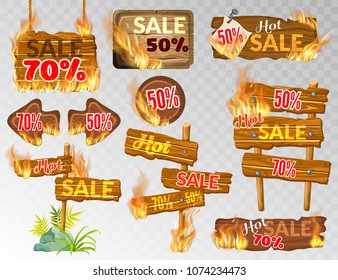 Set wooden panels decorated with flame burn. Isolated fire flames and boards for message. Price and sale, deal and offer, business promotion. Realistic vector illustration.