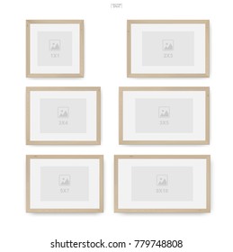 Set of wooden photo frame or picture frame. Object background for interior design and decoration. Vector illustration.