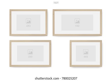 Set of wooden photo frame or picture frame. Object background for interior design and decoration. Vector illustration.