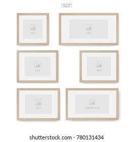 Set of wooden photo frame or picture frame. Object background for interior design and decoration. Vector illustration.