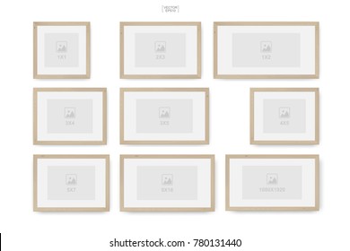 Set of wooden photo frame or picture frame. Object background for interior design and decoration. Vector illustration.