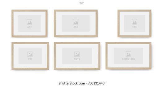 Set of wooden photo frame or picture frame. Object background for interior design and decoration. Vector illustration.