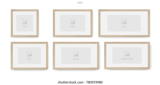Set of wooden photo frame or picture frame. Object background for interior design and decoration. Vector illustration.