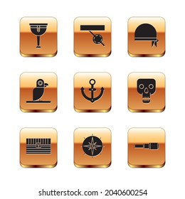 Set Wooden pirate leg, Antique treasure chest, Wind rose, Anchor, Pirate parrot, bandana for head, Spyglass telescope lens and eye patch icon. Vector