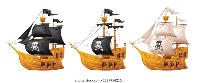 Set of wooden pirate ship illustration. Cartoon sailing ship isolated on white background