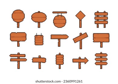 Set of wooden pixel signs, 8 bit guideposts. Collection old village vintage banner and billboards, timber roadside pointer. Game sprite vector illustration.