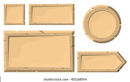 Set of wooden plank banners or buttons in cartoon style. Vector illustration.