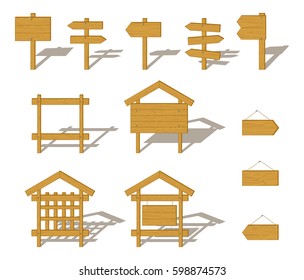 Set of Wooden Plank Boards, Billboards, Arrow Pointers and Signs with Shadows, Isolated on White Background. Vector