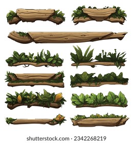 Set of wooden plank, Jungle themed cartoon style for game UI, wooden elements, leaf