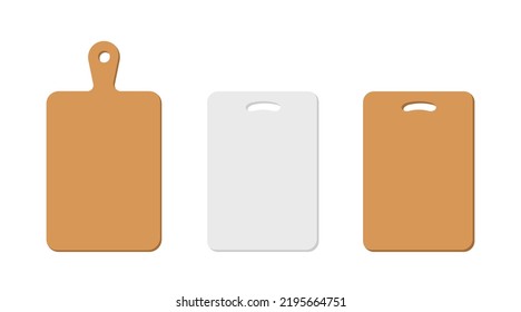 Set of wooden and plastic cutting board clipart vector illustration. Cutting board with handle flat style vector design. Rectangle cutting board sign icon, cartoon clipart. Domestic, cooking concept