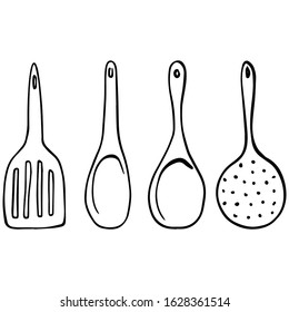 Set of wooden, plastic or metal kitchenware. Wooden spoons, spatula and skimmer. Vector hand drawn illustration cartoon flat icon isolated on white background.