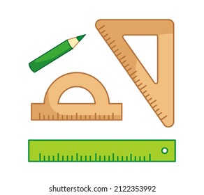 A set of wooden and plastic rulers and a pencil. Vector illustration of stationery in cartoon childish style. Isolated funny clipart on white background. cute school supplies print