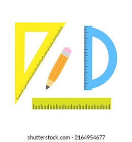 set of wooden and plastic rulers and pencil isolated on white background, vector illustration of stationery in cartoon style, cute school supplies print