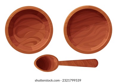 Ponga el plato de madera con cuchara, la vista de la parte superior del tazón al estilo de dibujos animados aislados sobre fondo blanco. Vajilla rústica de cocina texturizada, tradicional.