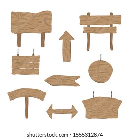 Set of wooden plates, pointers, arrows. Hanging signs. Left and right arrows. Vector illustration. Isolated objects. Style - cartoon.