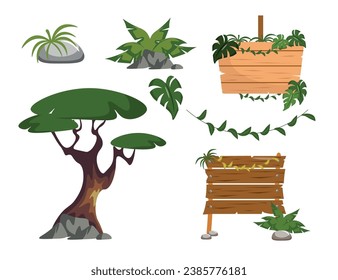 Set of wooden plates, signs in a cartoon style. Vector illustration of beautiful signs with greenery, vines, tropical leaves, trees, stones isolated on white background.