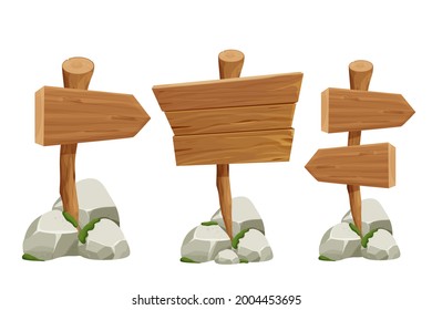 Set wooden pointer, signboards with rock pile and moss in cartoon style isolated on white background. Ui assets, design elements. Textured old tree branch with plank. Vector illustration