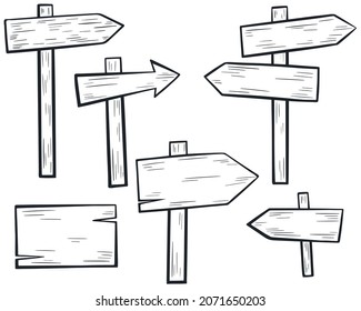 Set of wooden pointers sketch hand drawing. Collection of signs. Wooden blank plaques on poles, arrow and form. Bundle of templates for text, vector illustration.