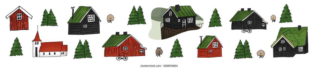 Set of wooden red and black scandinavian icelandic houses with grass on the roof with church and sheep