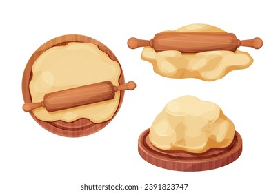 Set Wooden rolling pin with dough and flour handle culinary equipment on round wooden board in cartoon style isolated on white background. Wood textured roller, utensil, baker recipe.