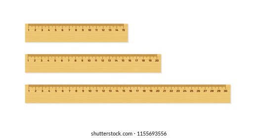 Set of wooden rulers 15, 20 and 30 centimeters with shadows isolated on white. Measuring tool. School supplies. Vector stock illustration.